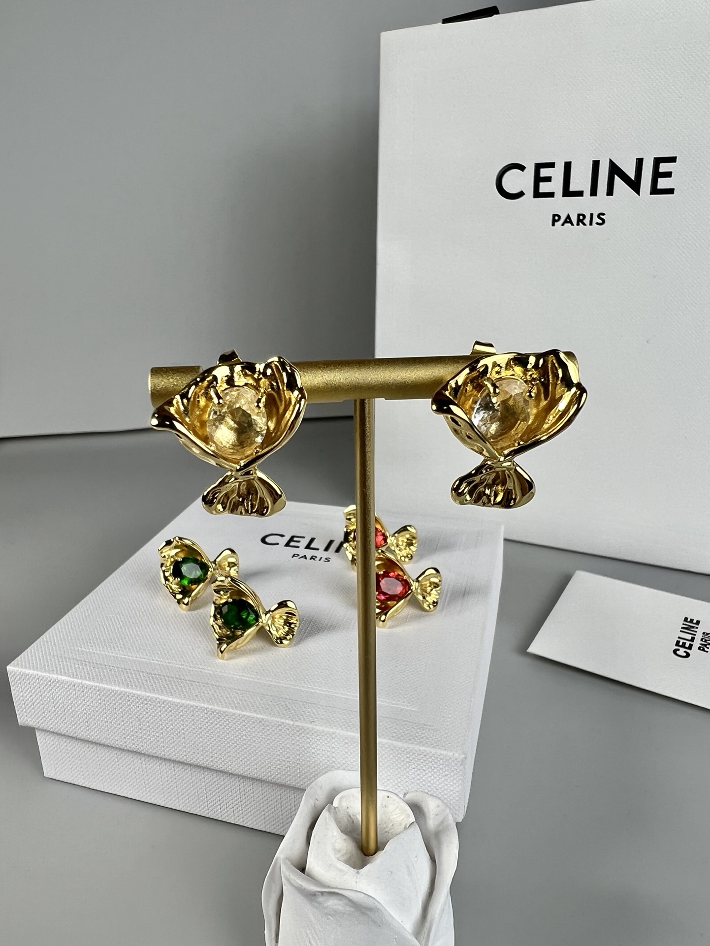 Celine Fish Stud Earrings earrings Gold-toned metal with clear red and green faceted gemstones 1 5cm stud diameter