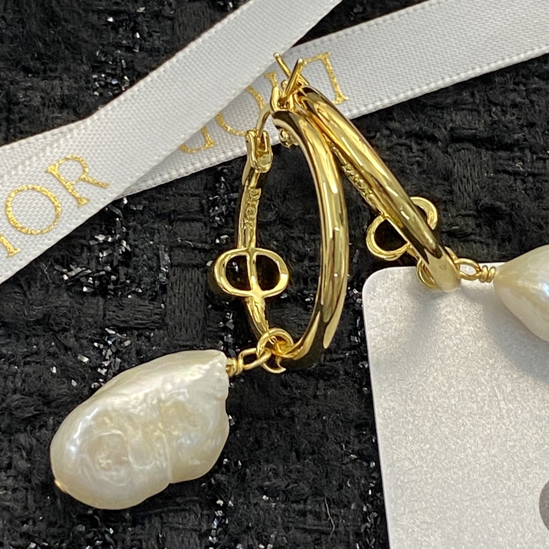 Dior CD Logo Baroque Pearl Drop Hoop Earrings earrings gold-tone metal with white iridescent baroque pearl drops 2cm hoop diameter 3 5cm total drop length
