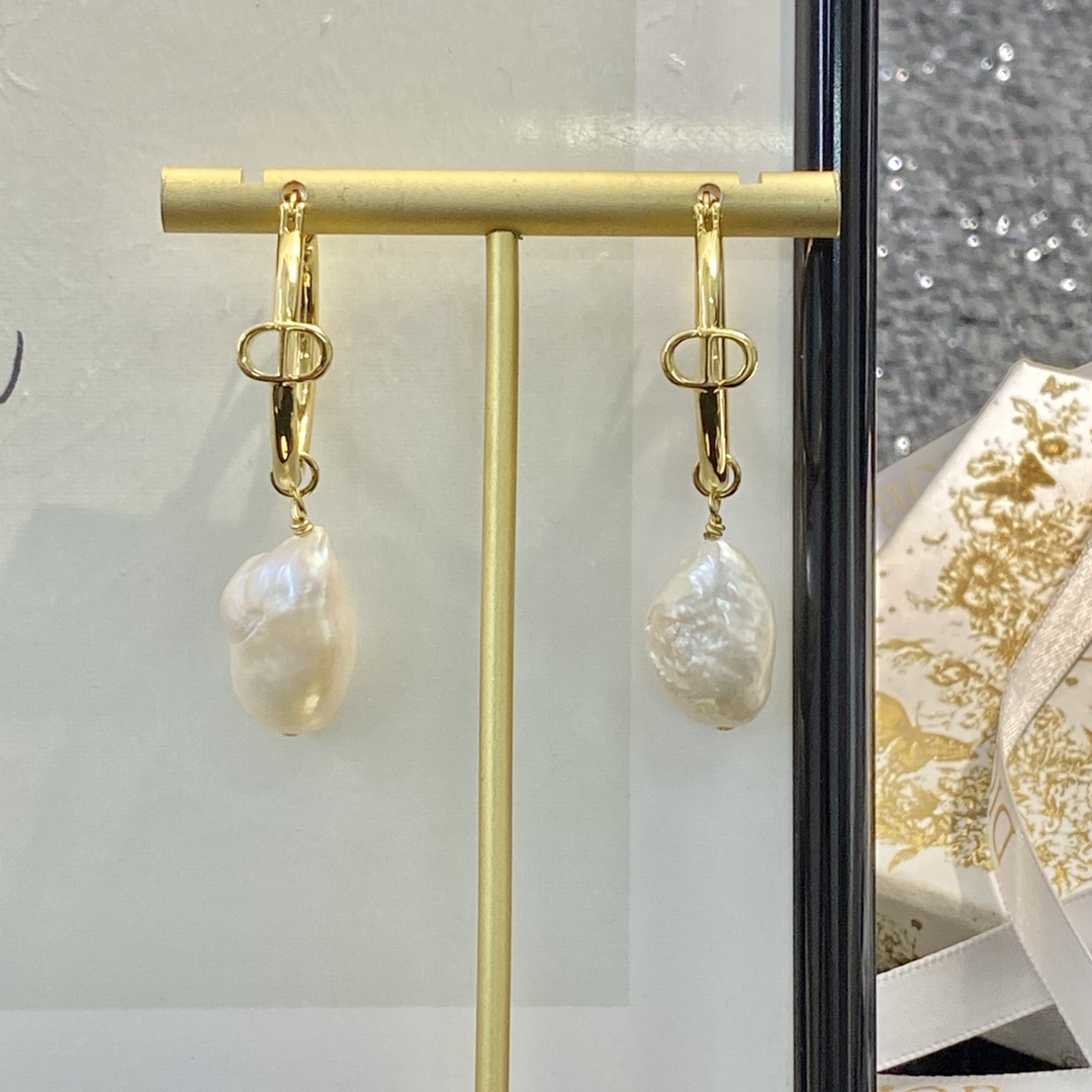 Dior CD Logo Baroque Pearl Drop Hoop Earrings earrings gold-tone metal with white iridescent baroque pearl drops 2cm hoop diameter 3 5cm total drop length