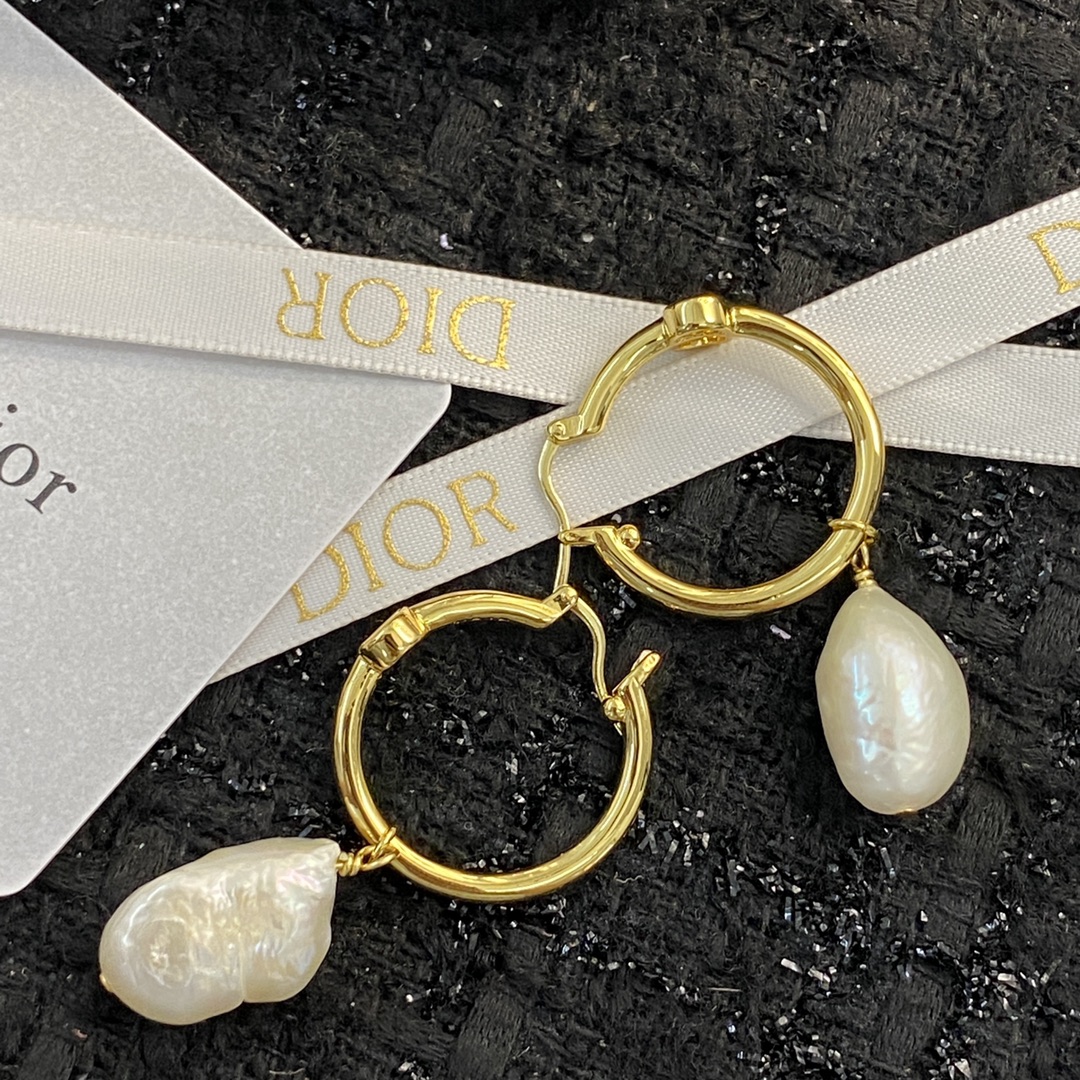 Dior CD Logo Baroque Pearl Drop Hoop Earrings earrings gold-tone metal with white iridescent baroque pearl drops 2cm hoop diameter 3 5cm total drop length