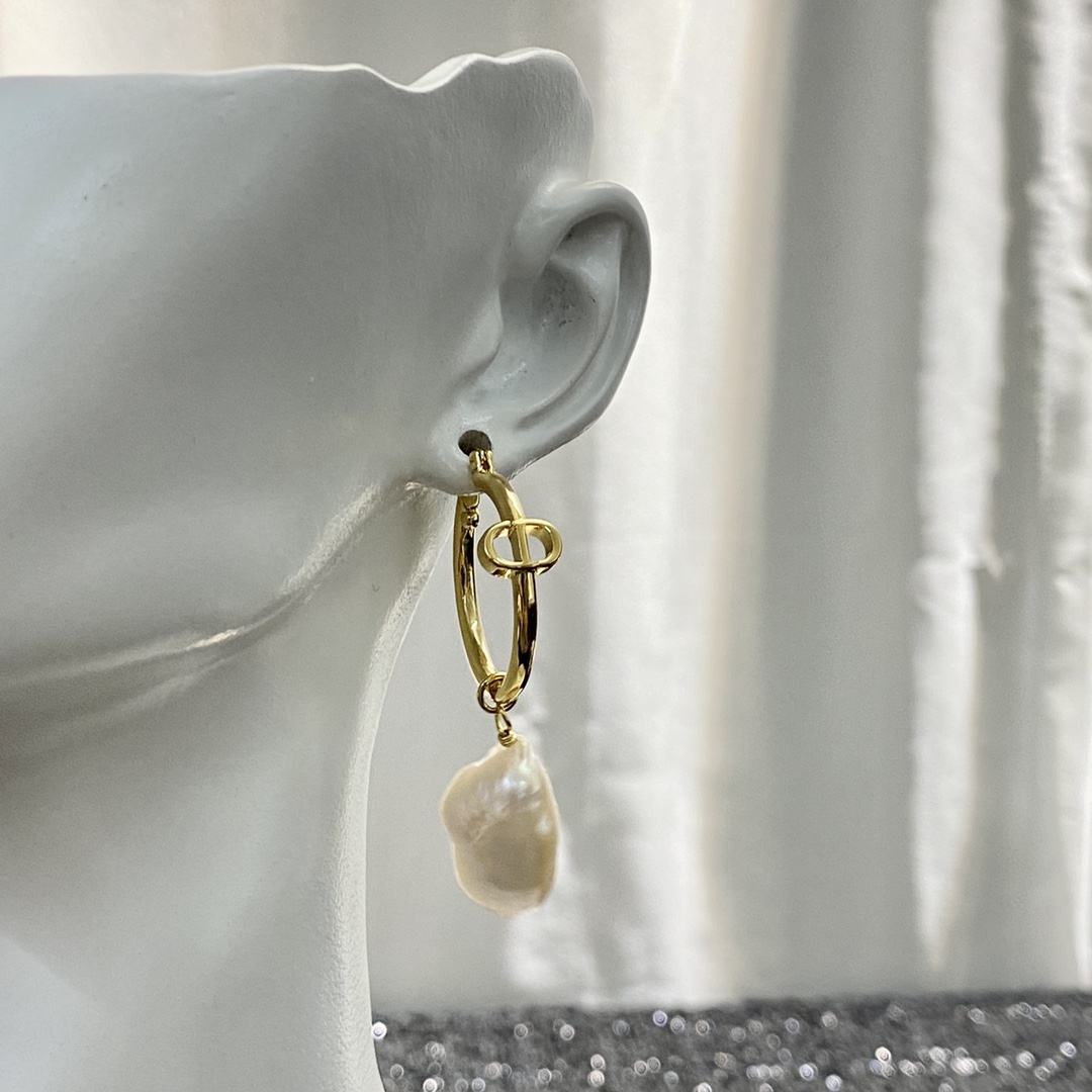 Dior CD Logo Baroque Pearl Drop Hoop Earrings earrings gold-tone metal with white iridescent baroque pearl drops 2cm hoop diameter 3 5cm total drop length