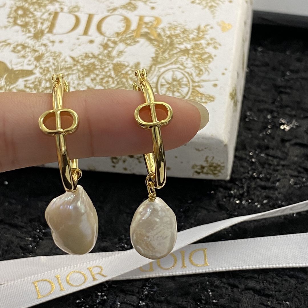Dior CD Logo Baroque Pearl Drop Hoop Earrings earrings gold-tone metal with white iridescent baroque pearl drops 2cm hoop diameter 3 5cm total drop length