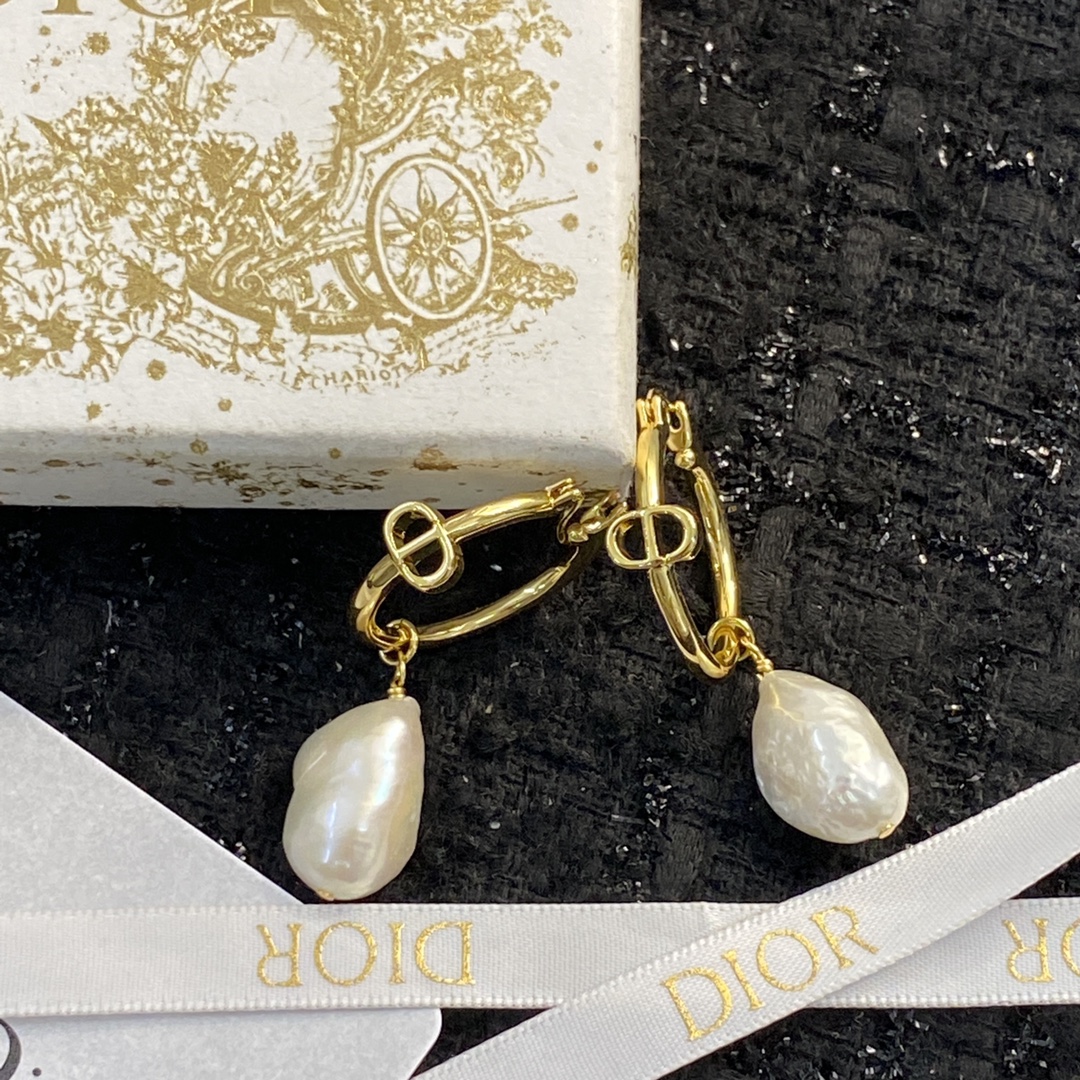 Dior CD Logo Baroque Pearl Drop Hoop Earrings earrings gold-tone metal with white iridescent baroque pearl drops 2cm hoop diameter 3 5cm total drop length