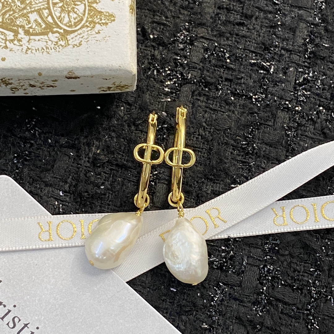 Dior CD Logo Baroque Pearl Drop Hoop Earrings earrings gold-tone metal with white iridescent baroque pearl drops 2cm hoop diameter 3 5cm total drop length