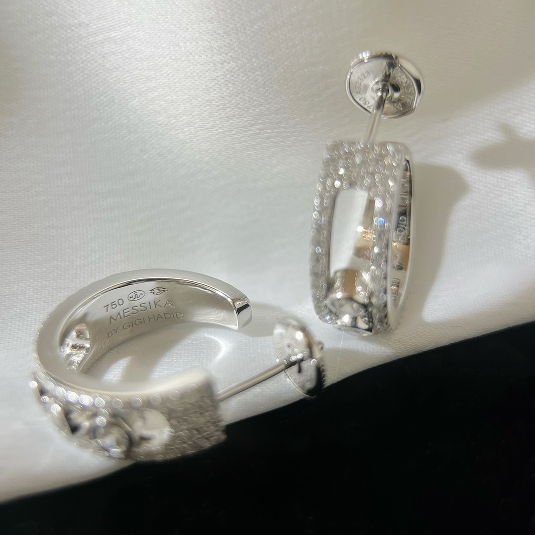 Messika Move Uno earrings silver-toned white metal with clear diamond stones 15mm hoop diameter