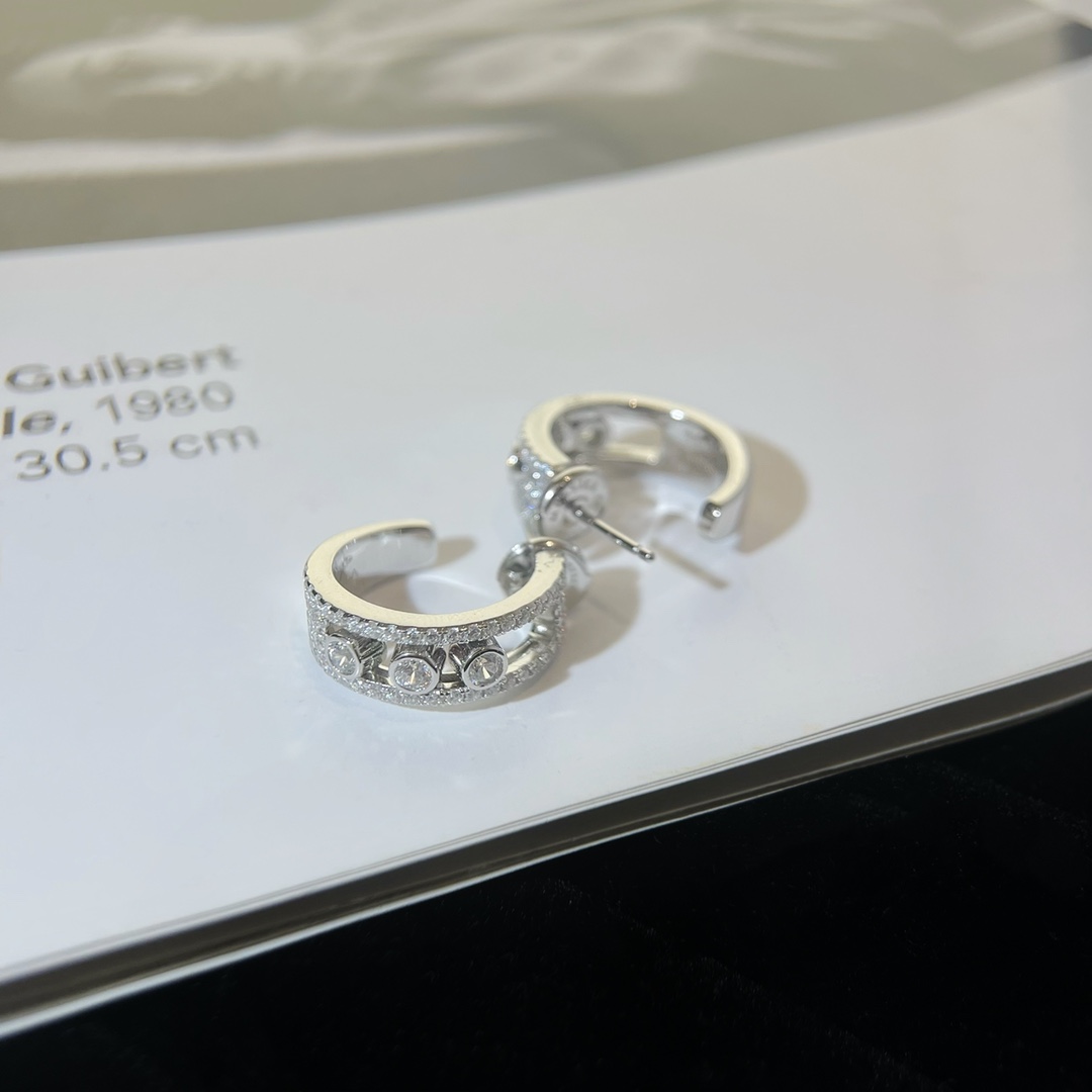 Messika Move Uno earrings silver-toned white metal with clear diamond stones 15mm hoop diameter