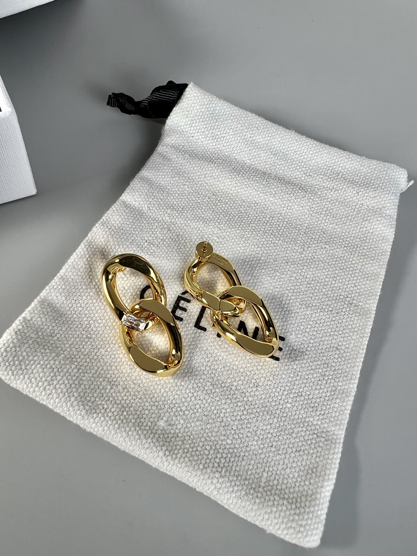 Celine Interlocking Chain Crystal Drop Earrings earrings Gold-tone metal with clear baguette-cut crystals 3cm drop length
