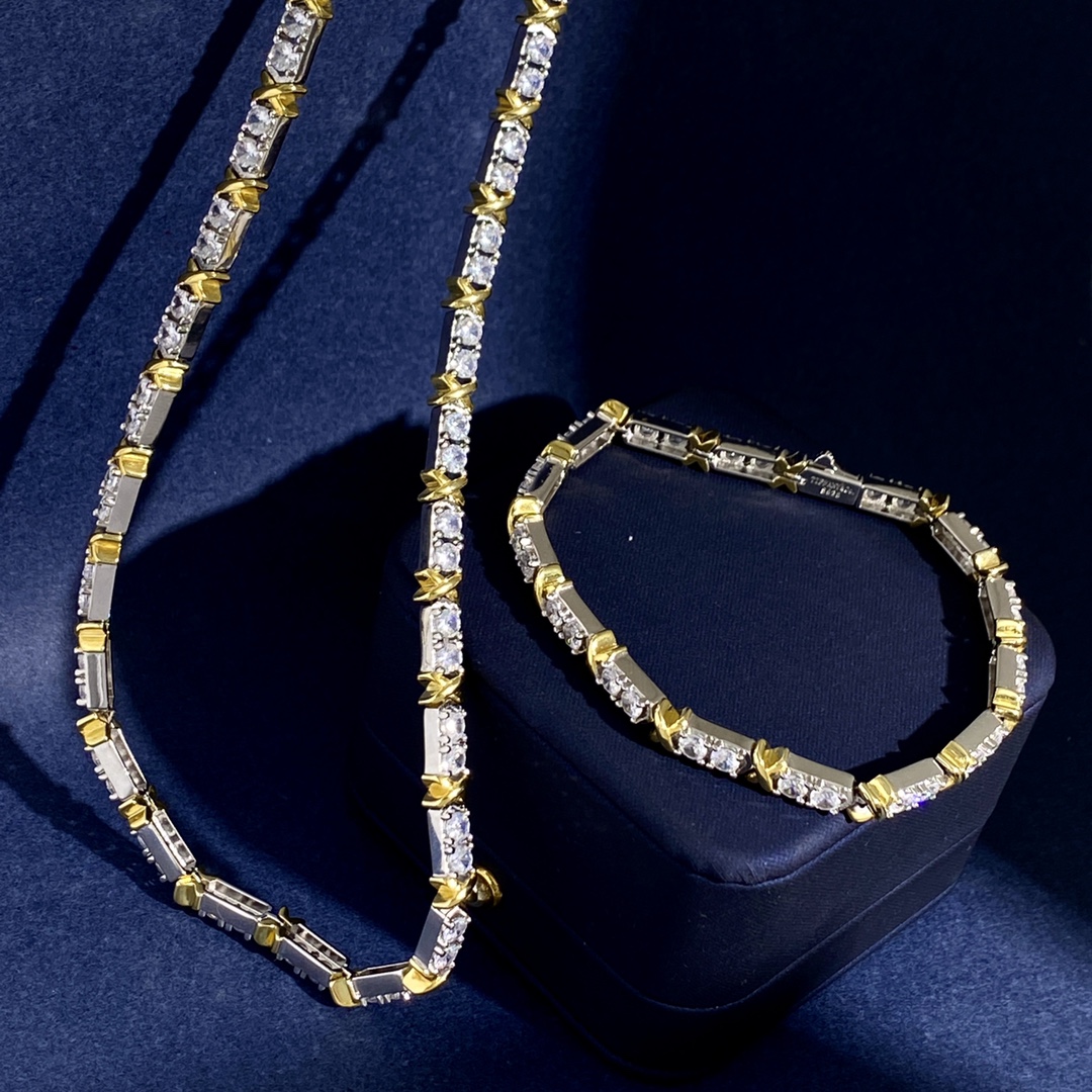 Tiffany X Link necklace Two-tone sterling silver and gold-plated metal with clear round-cut cubic zirconia stones 18 inches