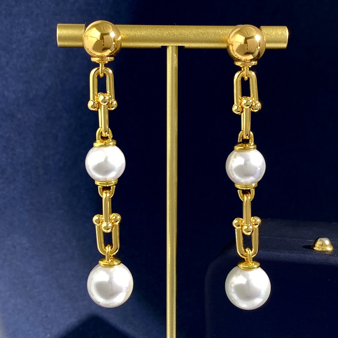 Tiffany HardWear earrings gold silver metal white pearl 6cm