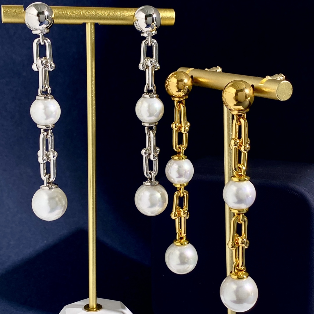 Tiffany HardWear earrings gold silver metal white pearl 6cm
