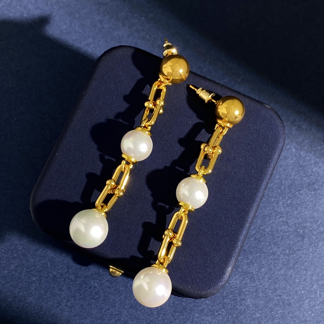 Tiffany HardWear earrings gold silver metal white pearl 6cm