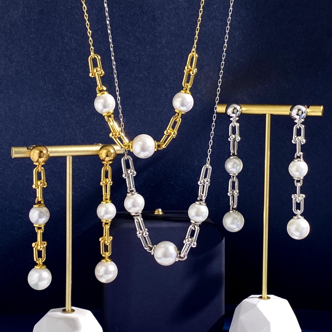 Tiffany HardWear earrings gold silver metal white pearl 6cm