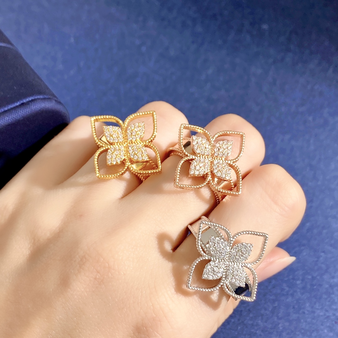 Roberto Coin Love in Verona Flower ring 18K rose gold with pave set white diamonds US 7