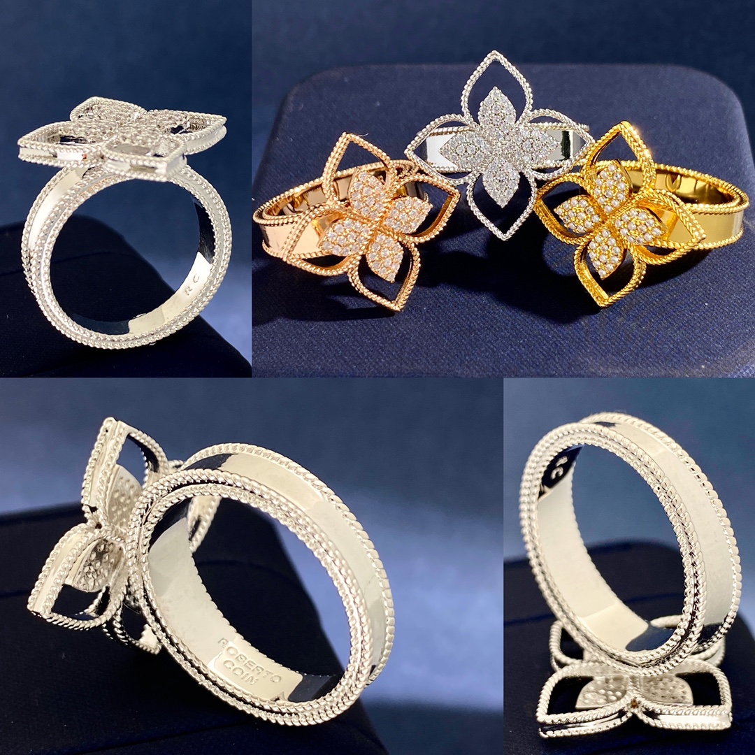 Roberto Coin Love in Verona Flower ring 18K rose gold with pave set white diamonds US 7
