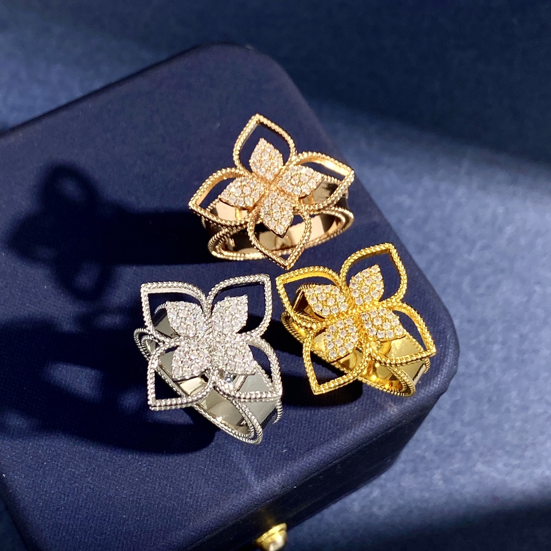 Roberto Coin Love in Verona Flower ring 18K rose gold with pave set white diamonds US 7