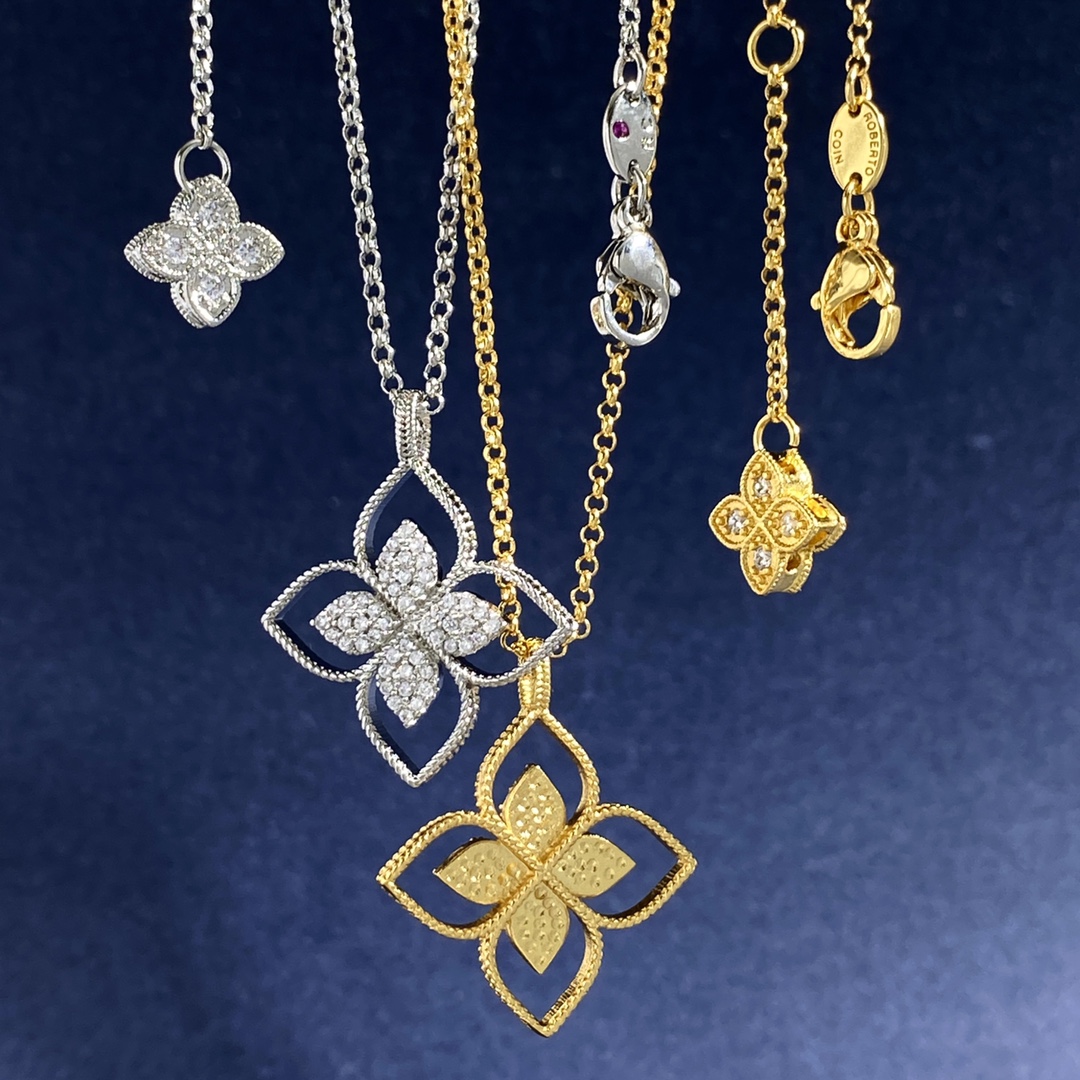 Colar Roberto Coin Princess Flower Ouro amarelo com pavimentação de diamantes brancos ouro rosa com pavimentação de diamantes brancos ouro branco com pavimentação de diamantes brancos 18 polegadas
