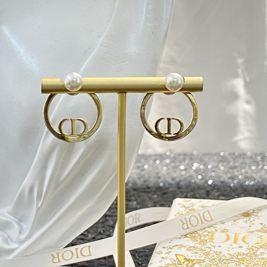 Dior 30 Montaigne earrings gold-tone metal with white pearl accents 2cm diameter