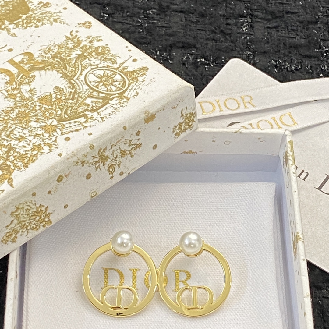 Dior 30 Montaigne earrings gold-tone metal with white pearl accents 2cm diameter