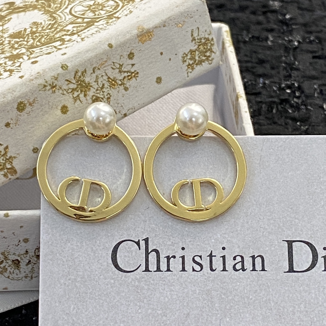 Dior 30 Montaigne earrings gold-tone metal with white pearl accents 2cm diameter
