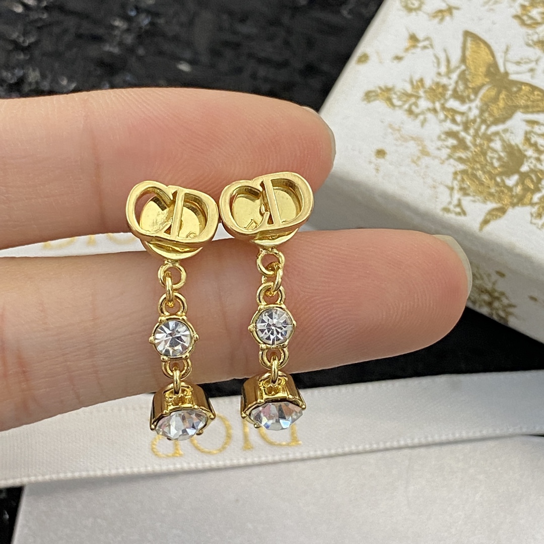 Dior CD Logo Crystal Drop Earrings earrings gold-tone metal with clear faceted crystals 2 2cm drop length