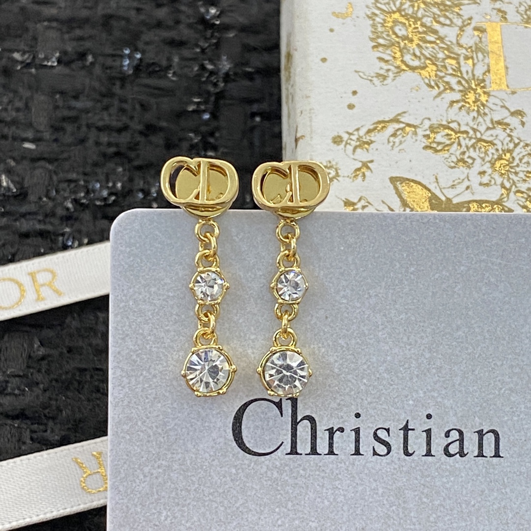 Dior CD Logo Crystal Drop Earrings earrings gold-tone metal with clear faceted crystals 2 2cm drop length