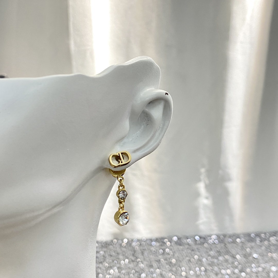 Dior CD Logo Crystal Drop Earrings earrings gold-tone metal with clear faceted crystals 2 2cm drop length