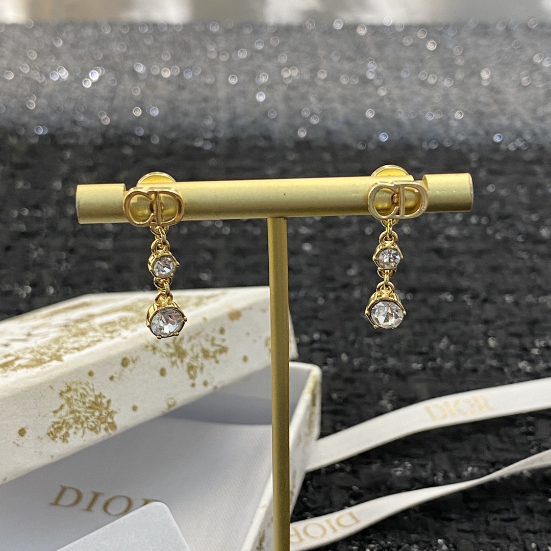 Dior CD Logo Crystal Drop Earrings earrings gold-tone metal with clear faceted crystals 2 2cm drop length