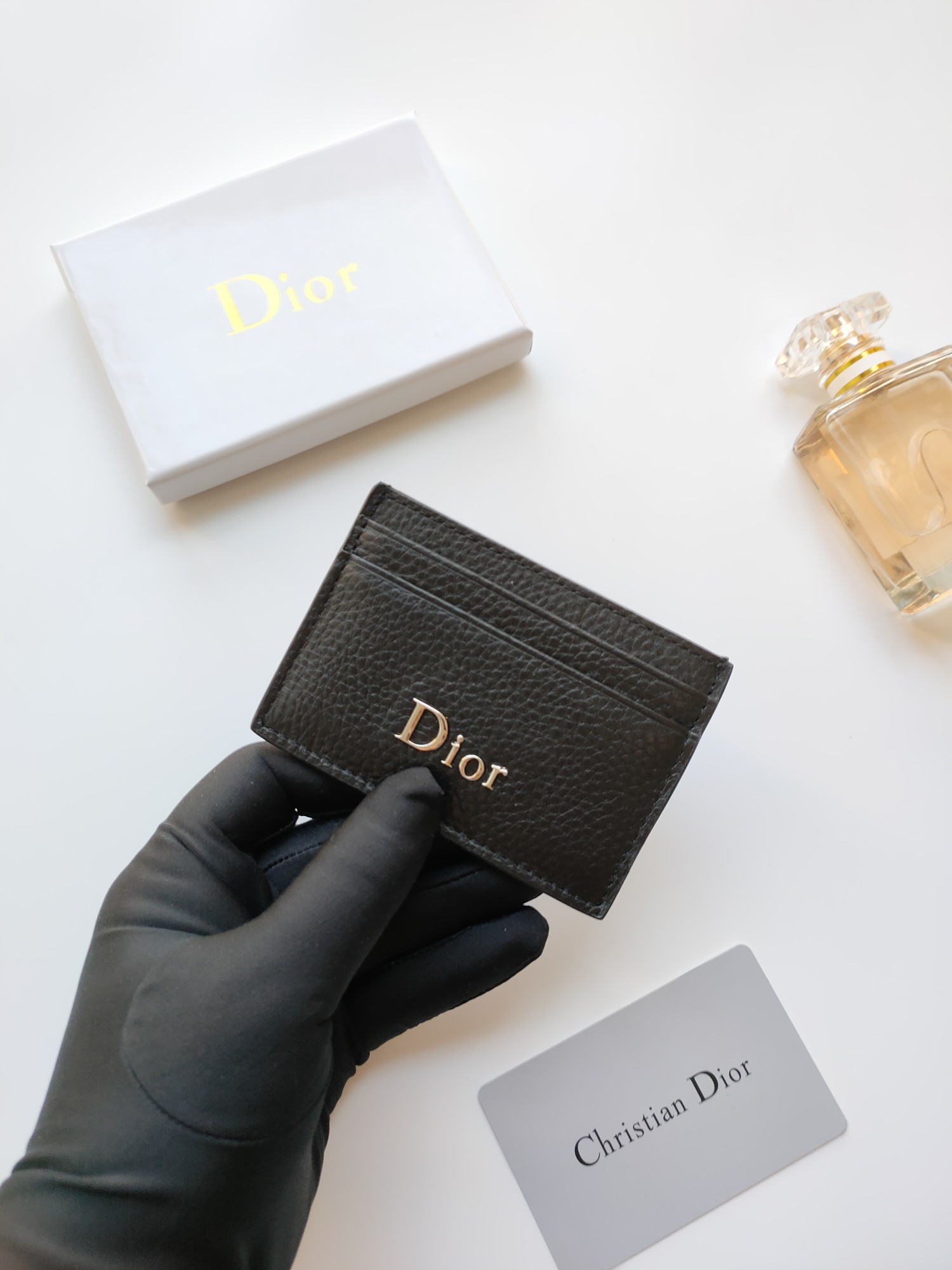 Dior C139 Logo Card Holder brooch Black grained leather with rose gold-tone metal logo 10 5 7 5cm