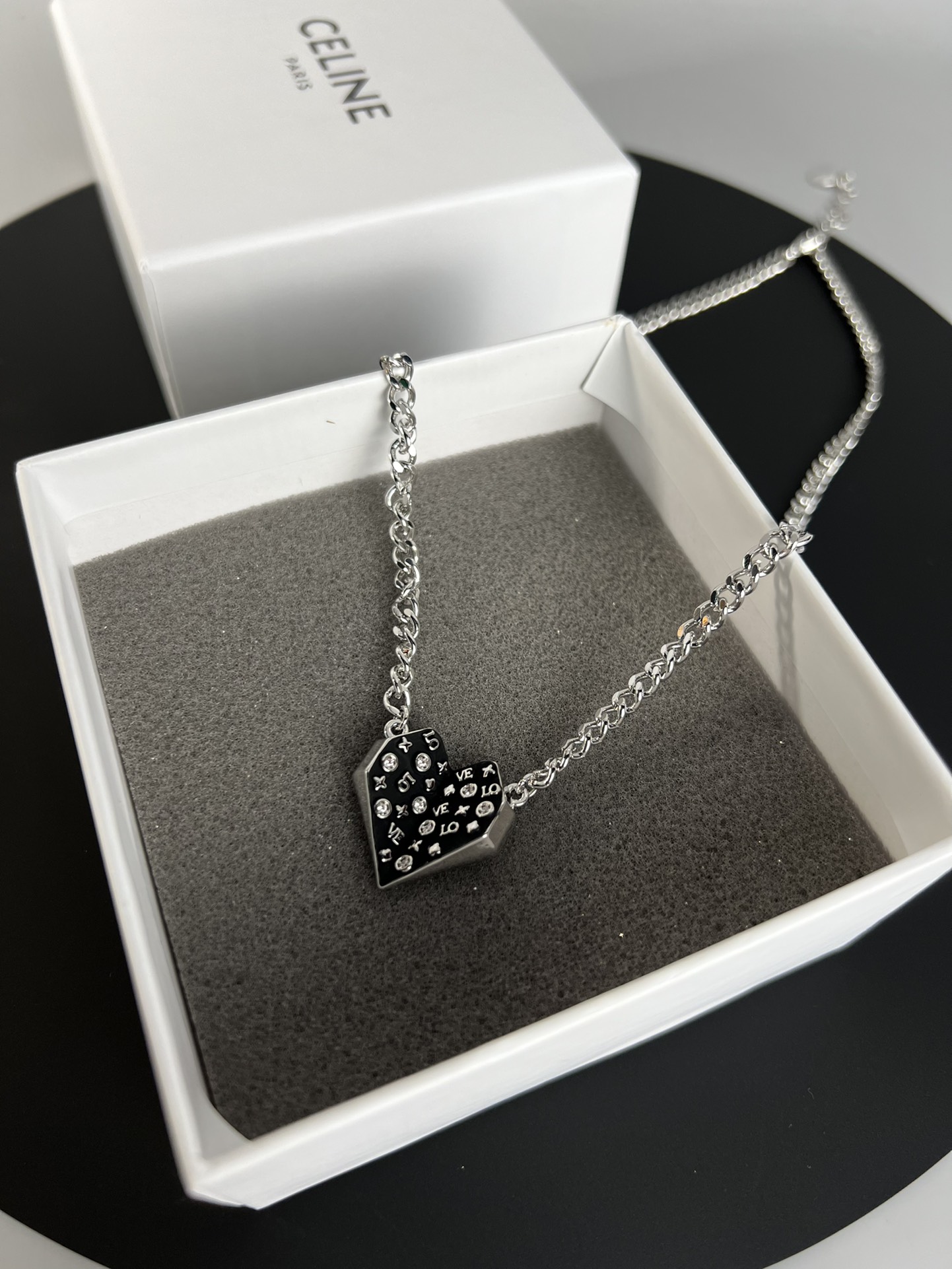 Celine Monogram Studded Split Heart Pendant necklace Silver-toned metal with black enamel and clear crystal accents 60cm