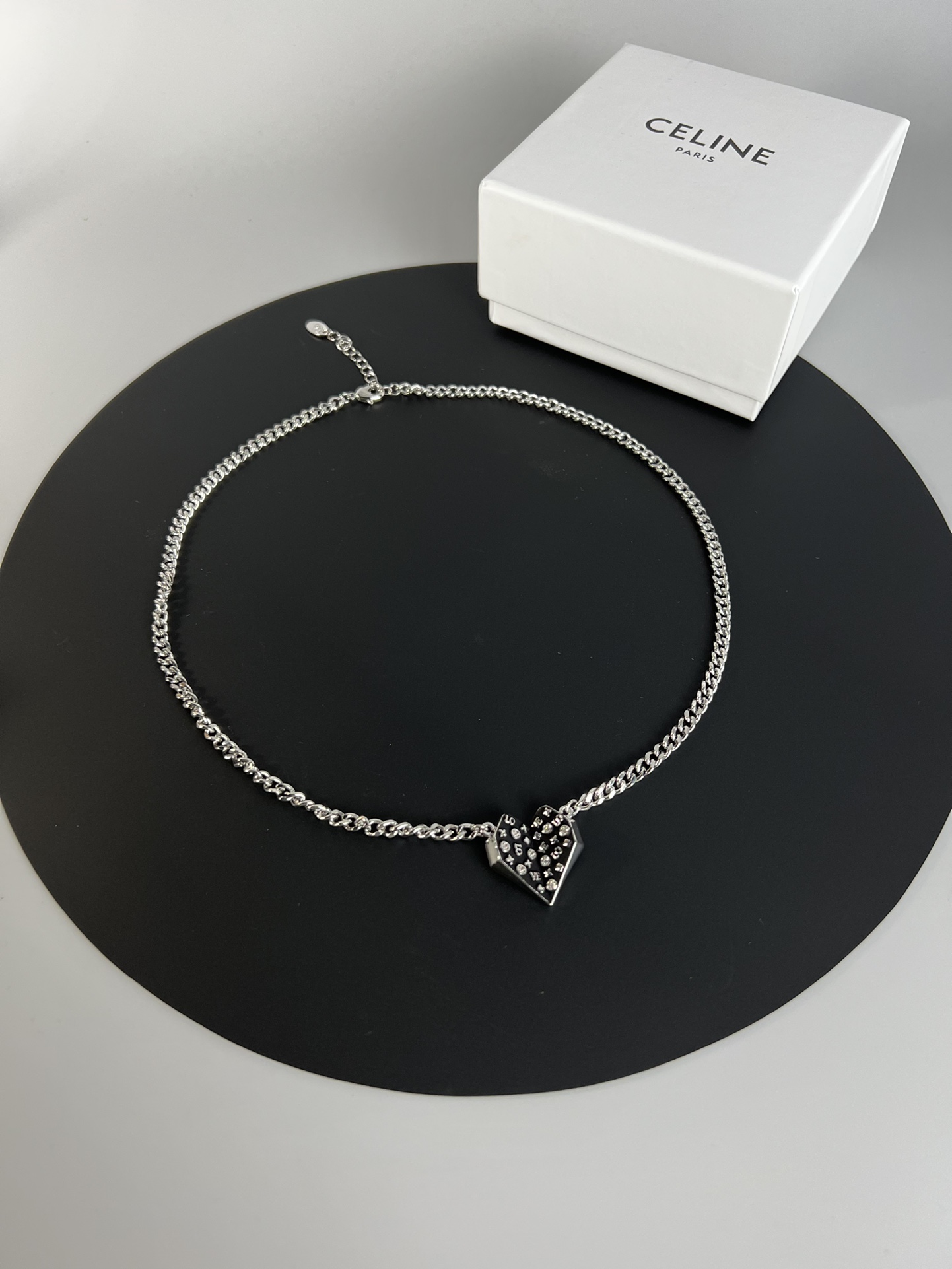 Celine Monogram Studded Split Heart Pendant necklace Silver-toned metal with black enamel and clear crystal accents 60cm