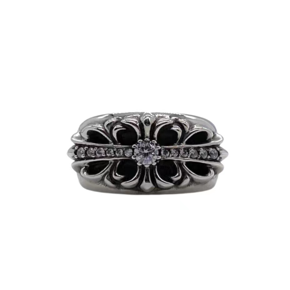 Chrome Hearts Floral Cross Pave Diamond Ring ring Sterling silver with clear diamond accents US 8