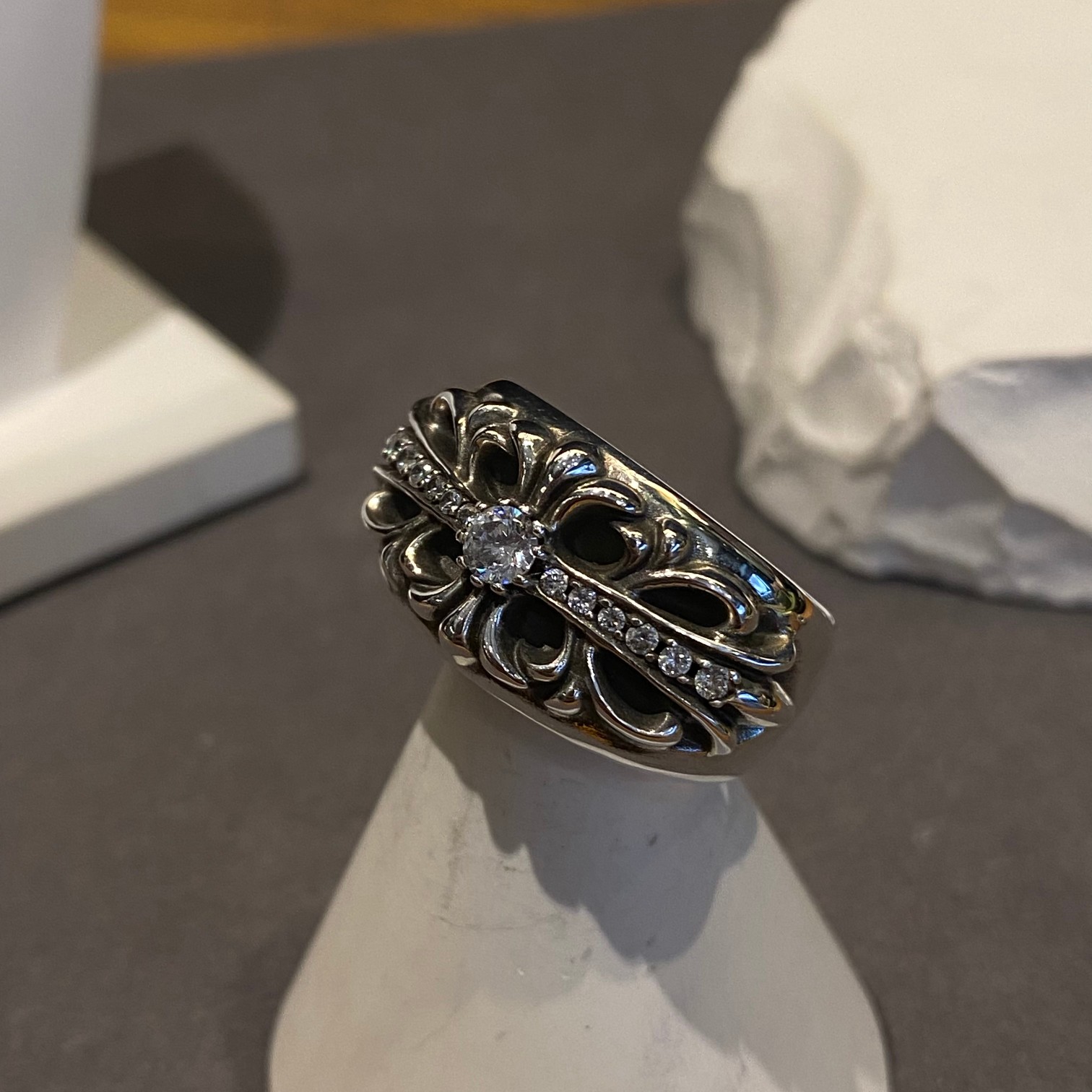 Chrome Hearts Floral Cross Pave Diamond Ring ring Sterling silver with clear diamond accents US 8