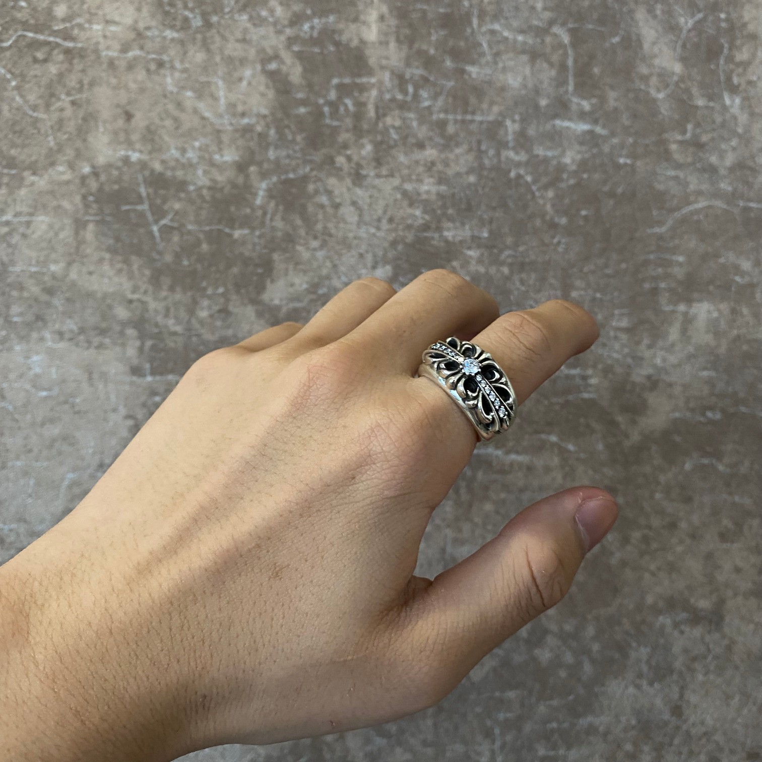 Chrome Hearts Floral Cross Pave Diamond Ring ring Sterling silver with clear diamond accents US 8