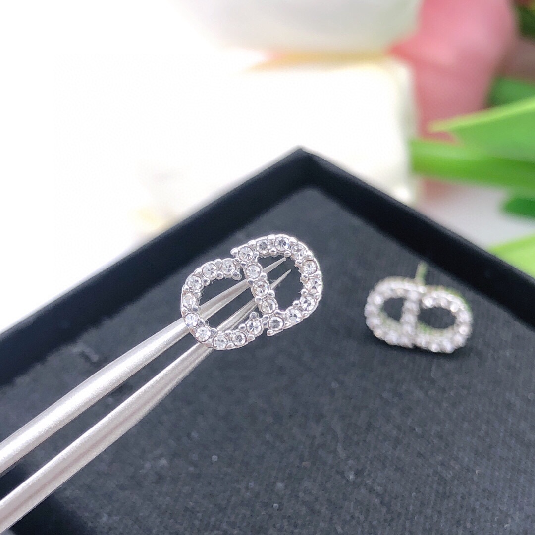 Dior Petit CD earrings silver-toned metal with clear crystal accents 8mm stud diameter