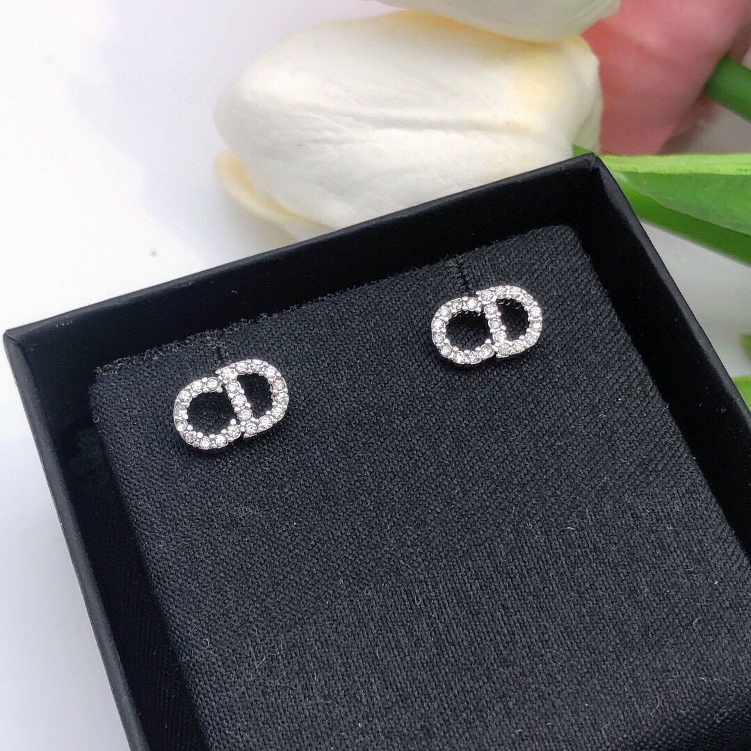 Dior Petit CD earrings silver-toned metal with clear crystal accents 8mm stud diameter