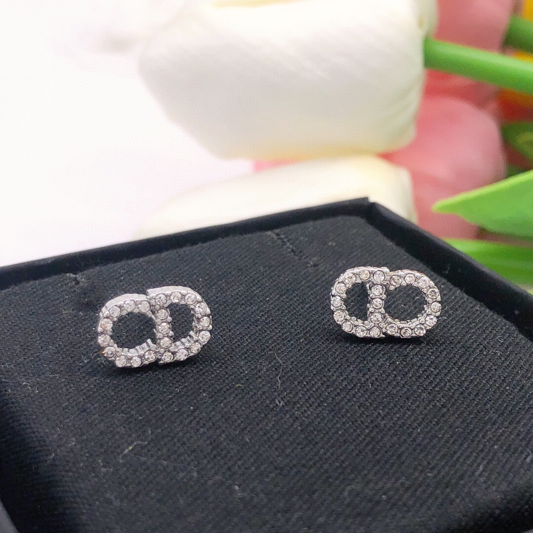 Dior Petit CD earrings silver-toned metal with clear crystal accents 8mm stud diameter