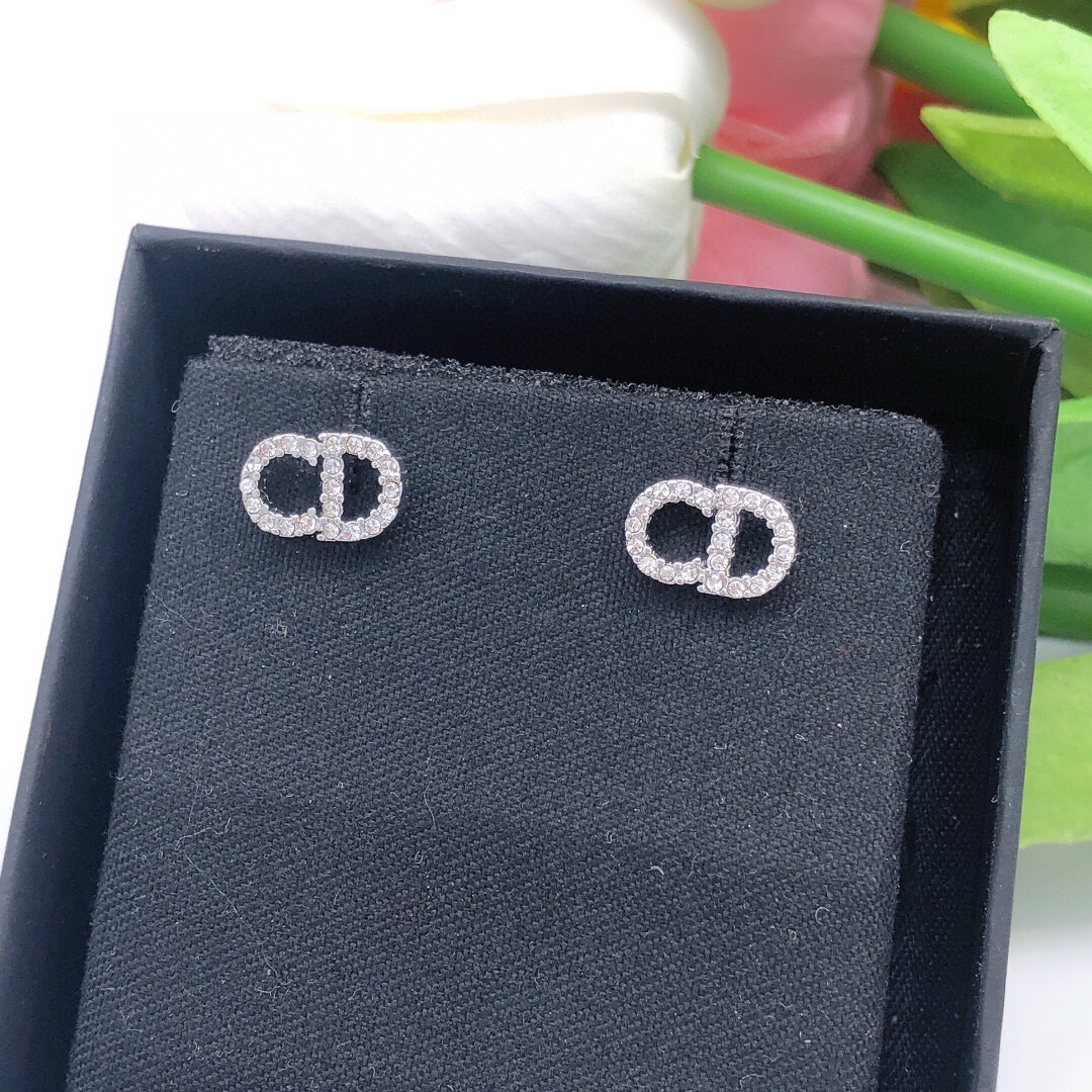 Dior Petit CD earrings silver-toned metal with clear crystal accents 8mm stud diameter