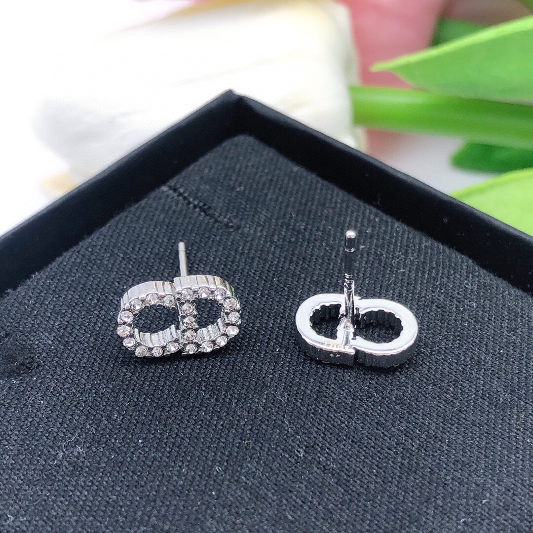 Dior Petit CD earrings silver-toned metal with clear crystal accents 8mm stud diameter