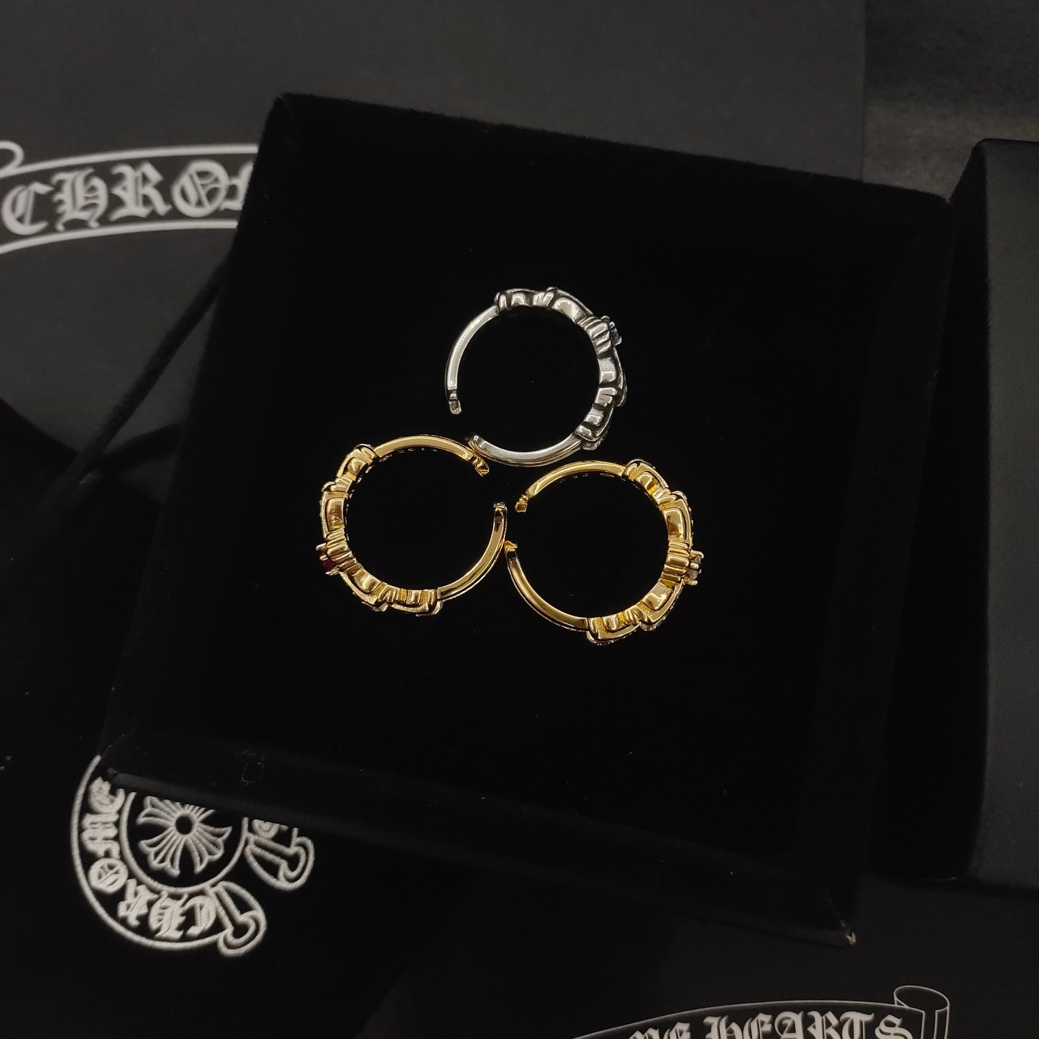 Chrome Hearts Baby Classic Floral Cross Ring ring Oxidized sterling silver with clear cubic zirconia 22k gold plating with clear cubic zirconia 22k gold plating with pink ruby cubic zirconia US 7
