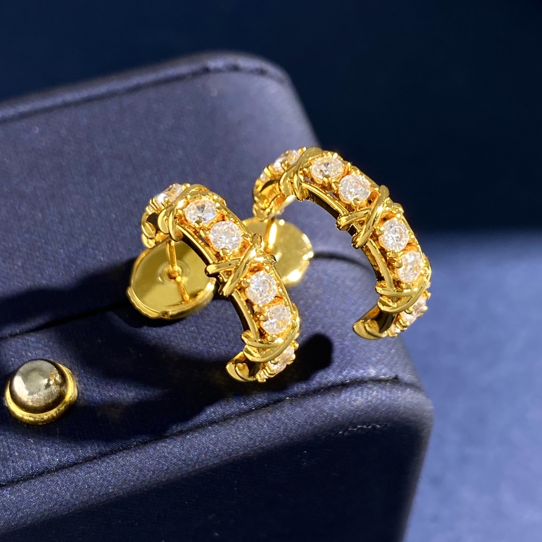 Tiffany Sixteen Stone X Hoop earrings yellow gold with clear round diamonds 15mm hoop diameter