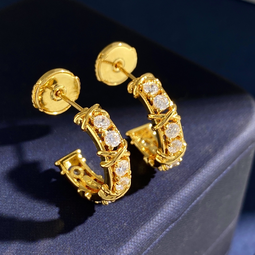 Tiffany Sixteen Stone X Hoop earrings yellow gold with clear round diamonds 15mm hoop diameter