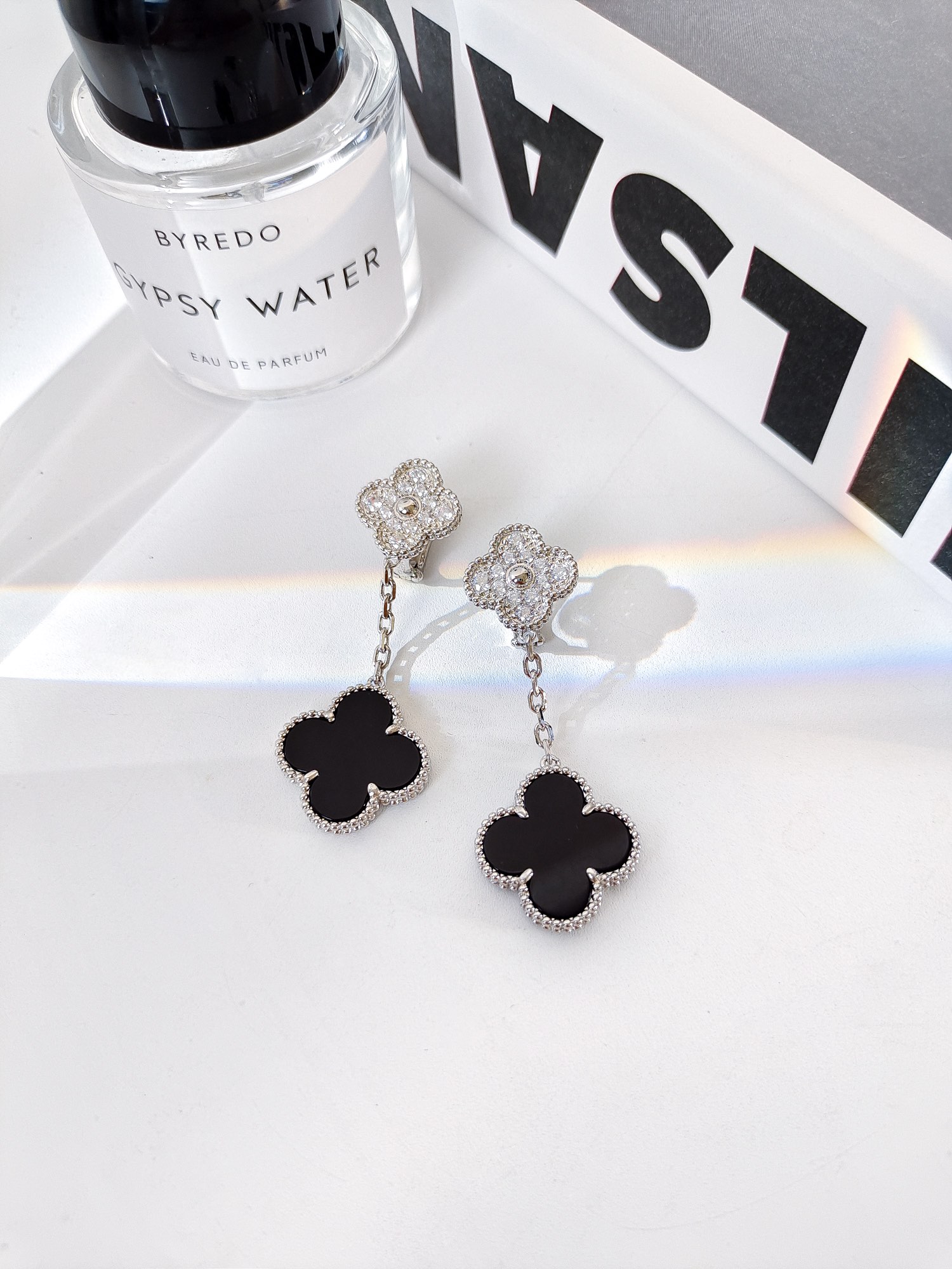 Van Cleef Arpels Magic Alhambra earrings white gold black onyx diamond 3 5cm drop length