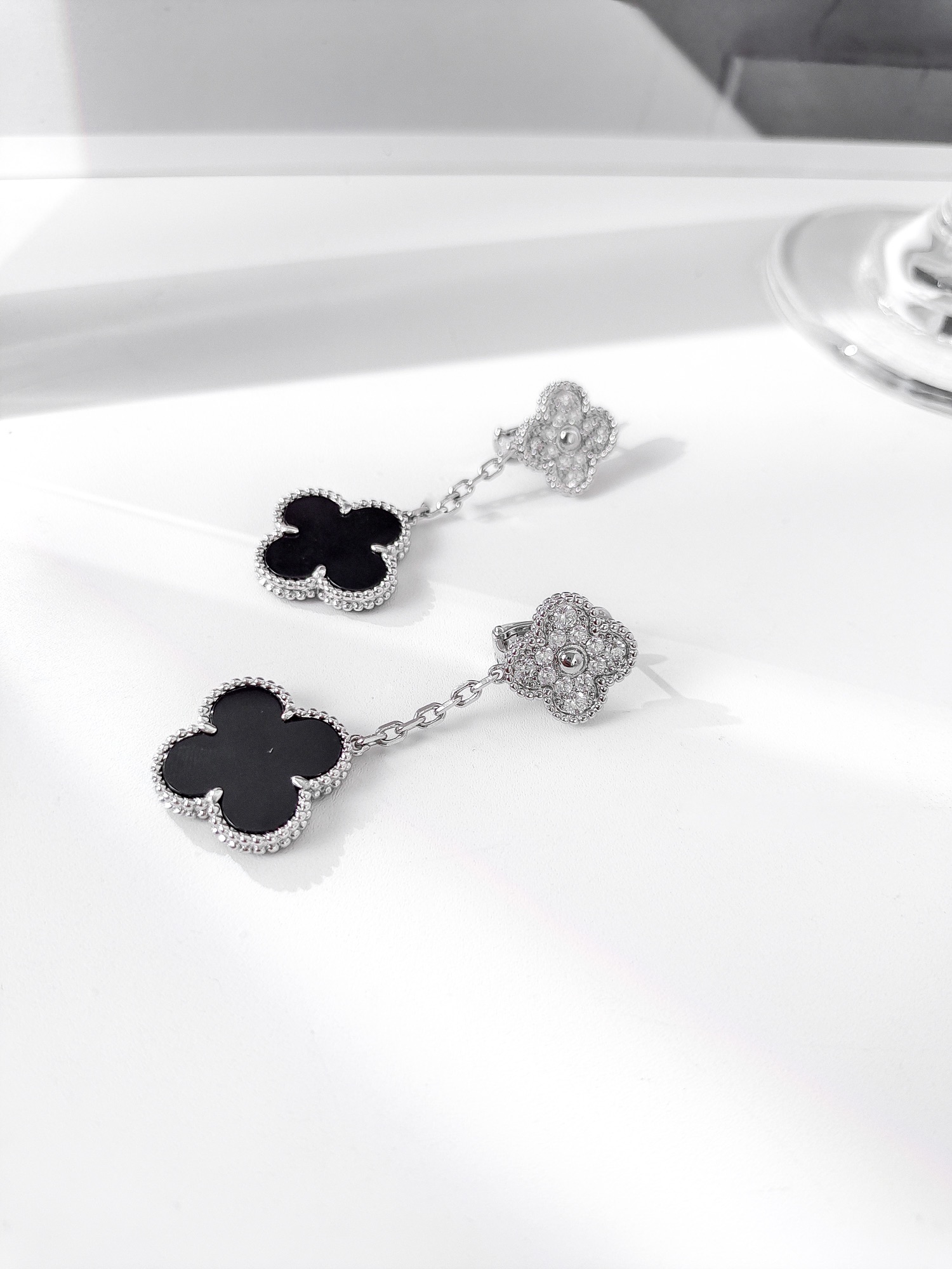 Van Cleef Arpels Magic Alhambra earrings white gold black onyx diamond 3 5cm drop length