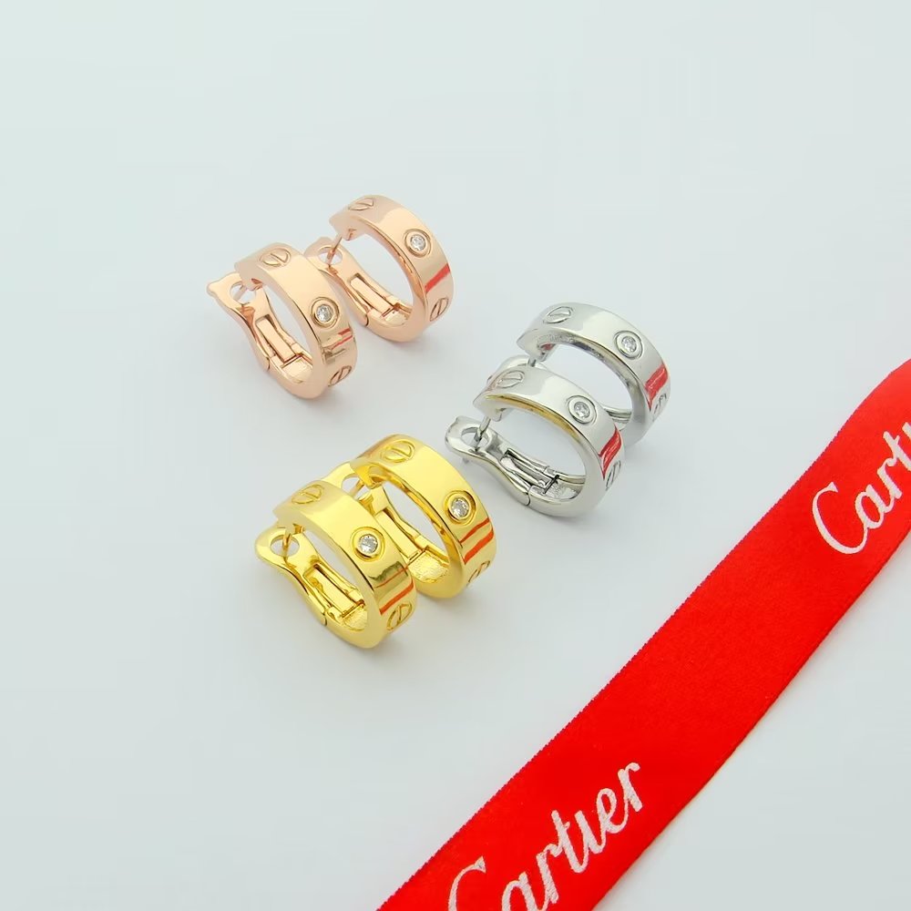 Cartier Love earrings Yellow gold rose gold white gold with clear diamond accents 13mm hoop diameter