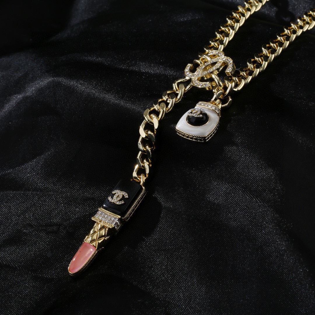Chanel CC Lipstick Perfume Bottle Charm Chain necklace Gold-tone metal with clear crystals black enamel white enamel pink accent 80cm