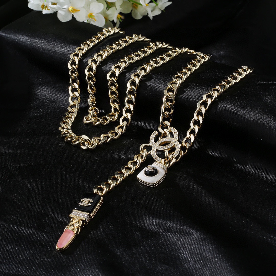 Chanel CC Lipstick Perfume Bottle Charm Chain necklace Gold-tone metal with clear crystals black enamel white enamel pink accent 80cm