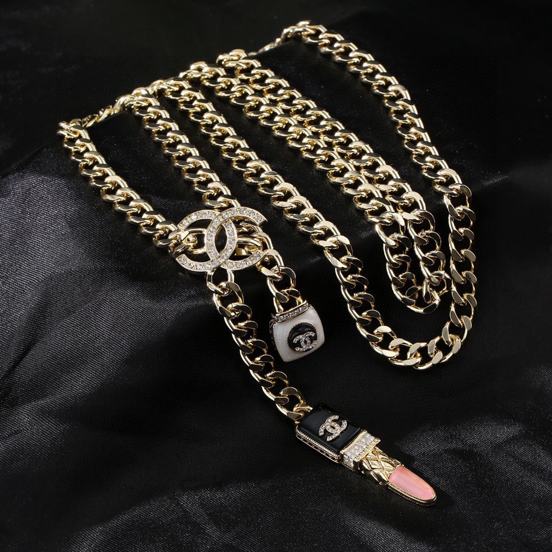 Chanel CC Lipstick Perfume Bottle Charm Chain necklace Gold-tone metal with clear crystals black enamel white enamel pink accent 80cm
