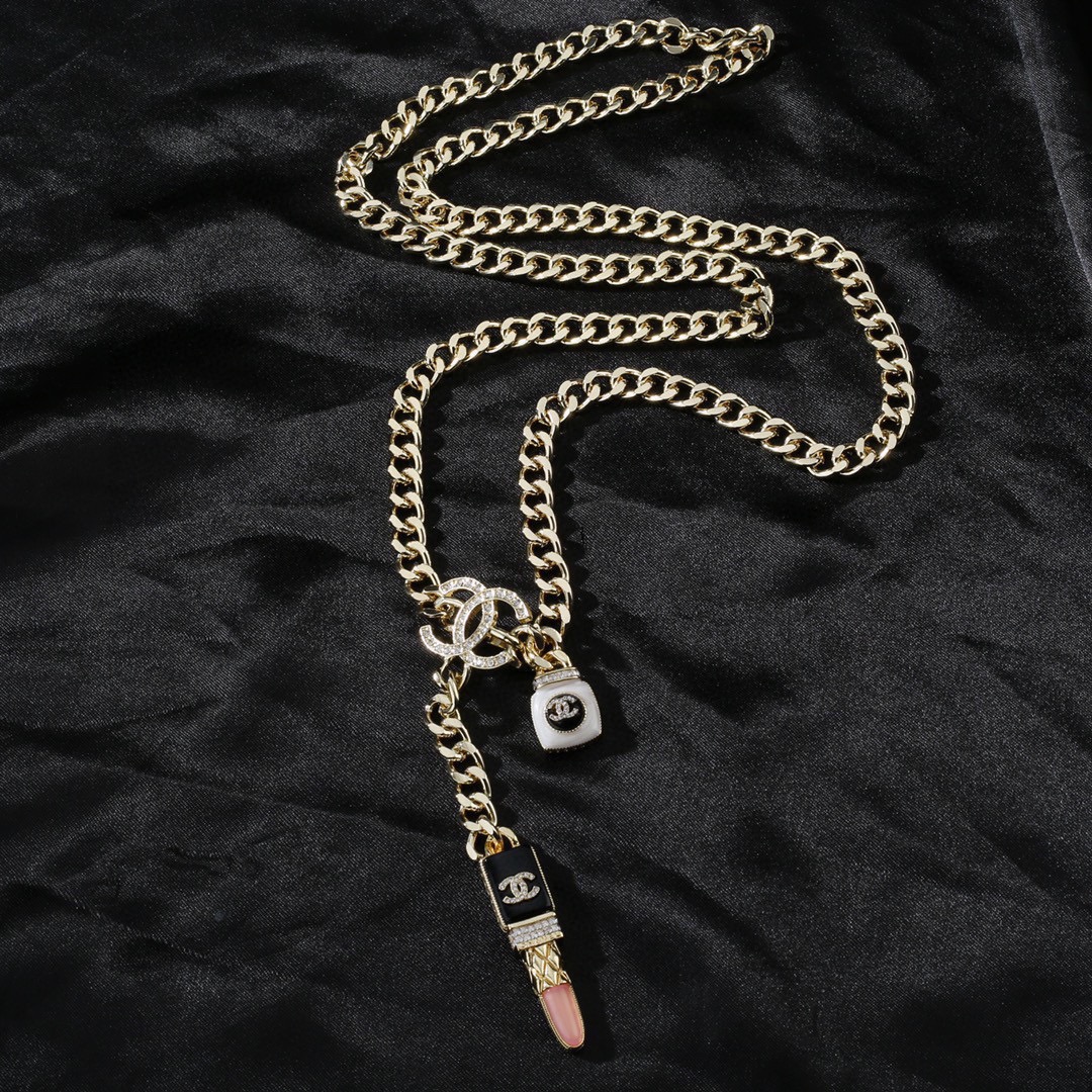 Chanel CC Lipstick Perfume Bottle Charm Chain necklace Gold-tone metal with clear crystals black enamel white enamel pink accent 80cm