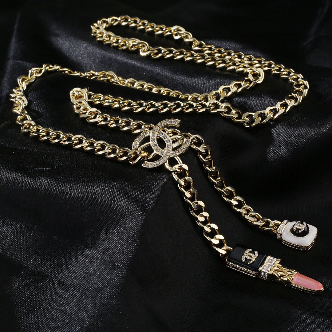 Chanel CC Lipstick Perfume Bottle Charm Chain necklace Gold-tone metal with clear crystals black enamel white enamel pink accent 80cm