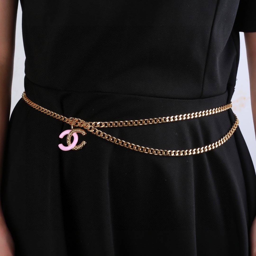 Chanel CC Logo Double Chain Waist Chain Necklace necklace Gold-tone metal with pink enamel CC accents 80cm